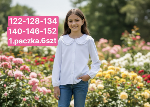 Koszule dziewczęce Roz 122-152, 1 kolor Paczka 6 szt